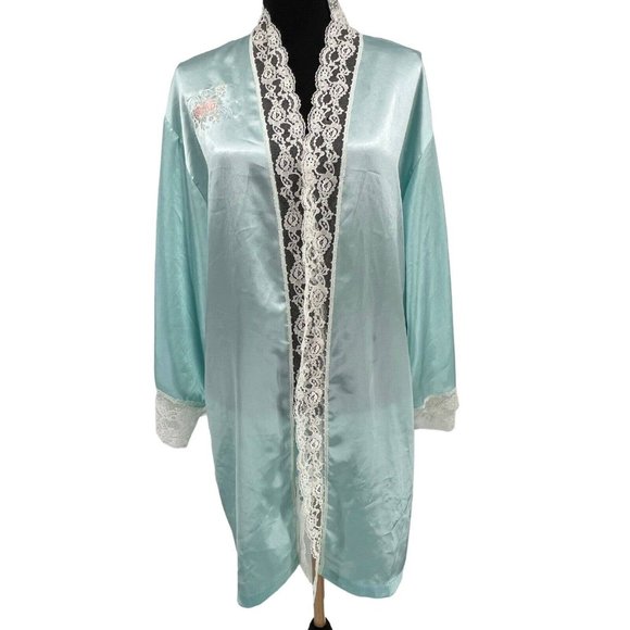 Vintage Val Mode Blue Satin‎ Lingerie Embroidered Floral Robe Med - Picture 1 of 9